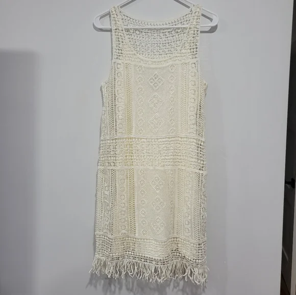 NWOT Ralph Lauren Ivory Crochet Overlay Fringe Hem Shift Dress. PS Faircore Boho - Picture 2 of 10
